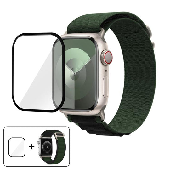 For Apple Watch Series 10 46mm Buckle Loop Nylon Watch Band with 3D Curved Film(Army Green Black)