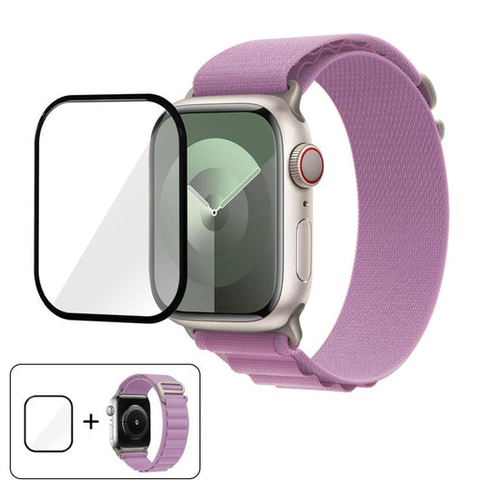 For Apple Watch Series 10 46mm Buckle Loop Nylon Watch Band with 3D Curved Film(Light Purple)