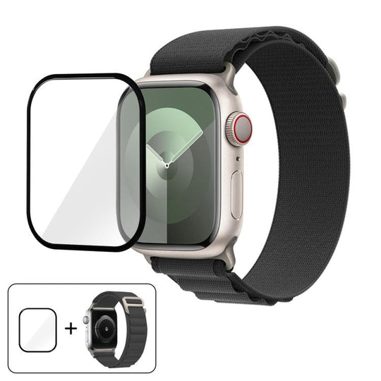For Apple Watch Series 10 46mm Buckle Loop Nylon Watch Band with 3D Curved Film(Dark Grey)