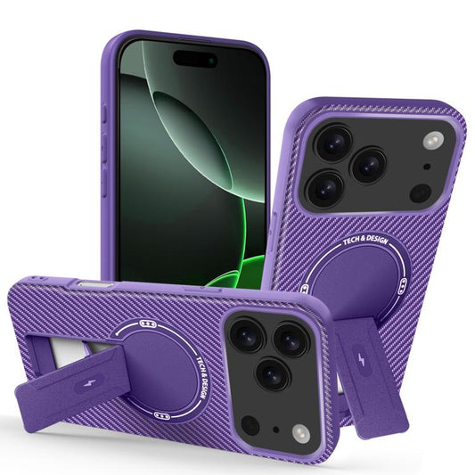 For iPhone 17 Pro Carbon Fiber Texture MagSafe Phone Case with Holder(Purple) - iPhone 17 Pro Cases by buy2fix | Online Shopping UK | buy2fix