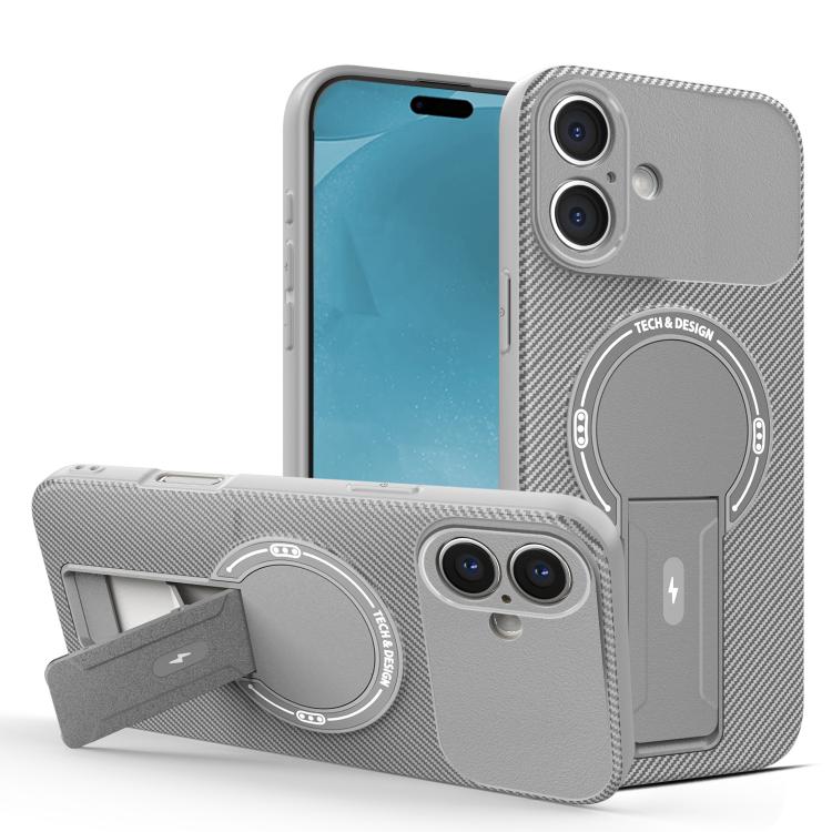 For iPhone 17 Carbon Fiber Texture MagSafe Phone Case with Holder(Grey) - iPhone 17 Cases by buy2fix | Online Shopping UK | buy2fix