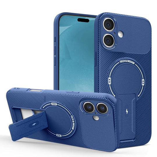 For iPhone 17 Carbon Fiber Texture MagSafe Phone Case with Holder(Blue)