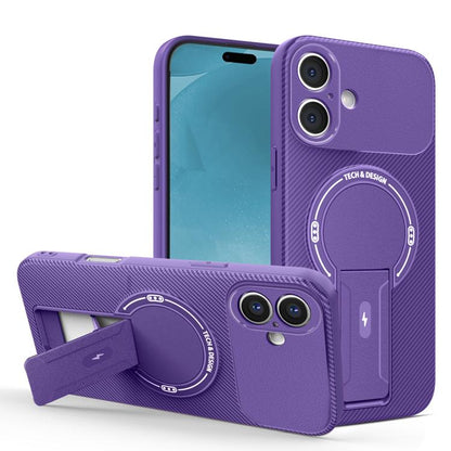 For iPhone 17 Carbon Fiber Texture MagSafe Phone Case with Holder(Purple) - iPhone 17 Cases by buy2fix | Online Shopping UK | buy2fix