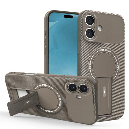 For iPhone 17 Carbon Fiber Texture MagSafe Phone Case with Holder(Brown) - iPhone 17 Cases by buy2fix | Online Shopping UK | buy2fix