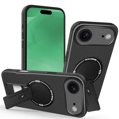For iPhone Air Carbon Fiber Texture MagSafe Phone Case with Holder(Black) - iPhone Air Cases by buy2fix | Online Shopping UK | buy2fix