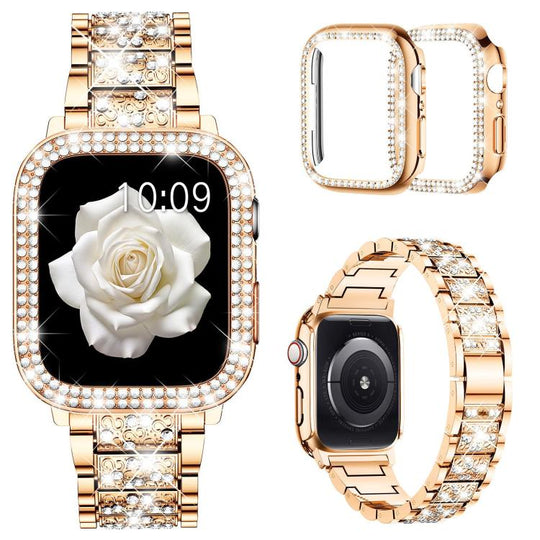For Apple Watch Series 10 46mm xDfind Diamond Jewelry Metal Watch Band with Case(Rose Gold)