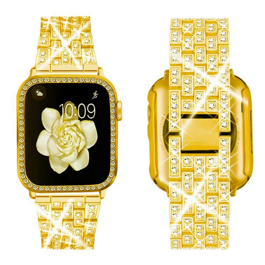 For Apple Watch Series 41mm xDfind Bling Diamond Jewelry Metal Watch Band with Case(Gold)