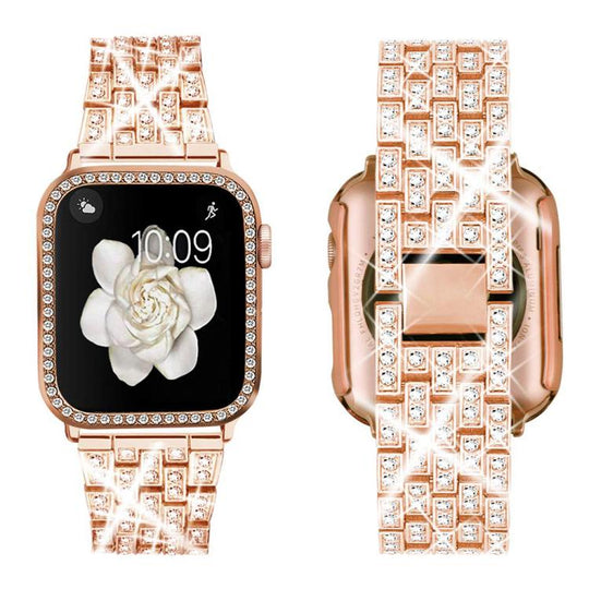 For Apple Watch Series 41mm xDfind Bling Diamond Jewelry Metal Watch Band with Case(Rose Gold)