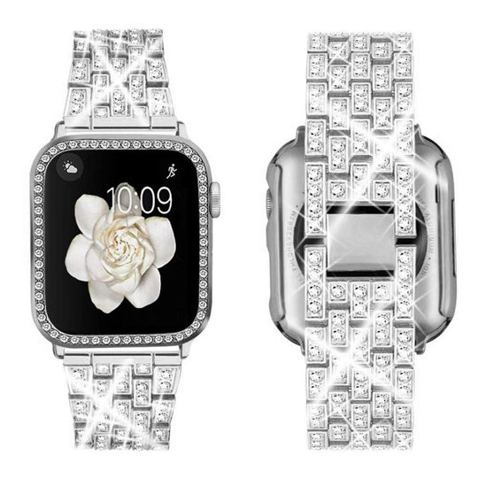 For Apple Watch Series 41mm xDfind Bling Diamond Jewelry Metal Watch Band with Case(Silver)