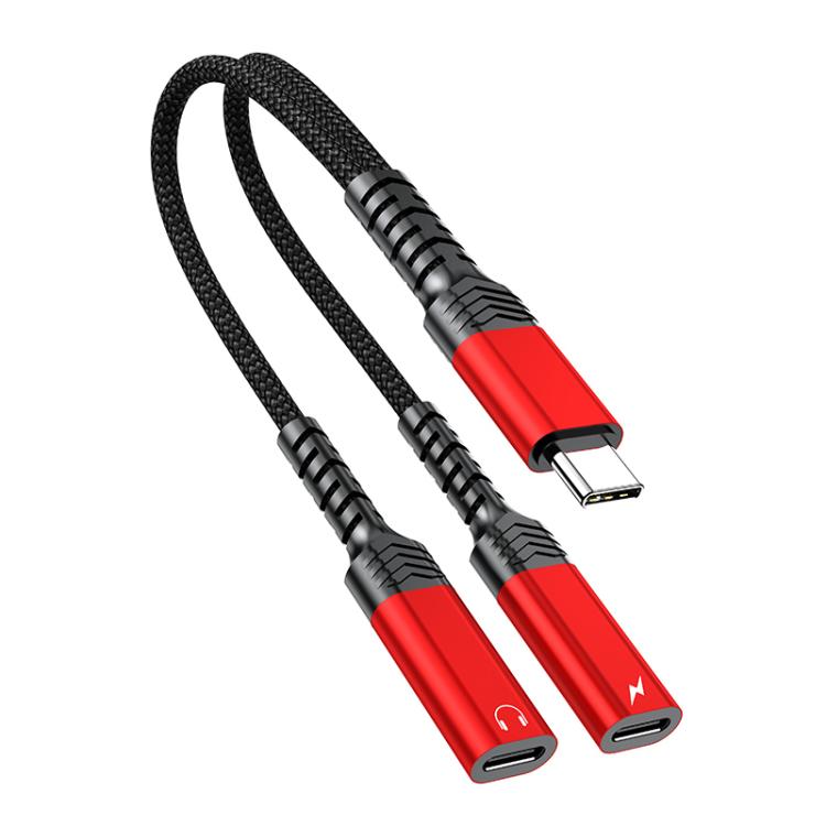 2 in 1 Type-C to Dual Type-C Charging and Audio Adapter Cable(Red) - Earphone Adapter by buy2fix | Online Shopping UK | buy2fix