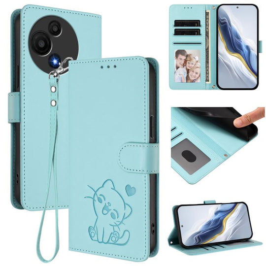 For TCL 60 SE NxtPaper 5G Embossed Heart Cat Leather Phone Case with Hand Strap(Mint Green)
