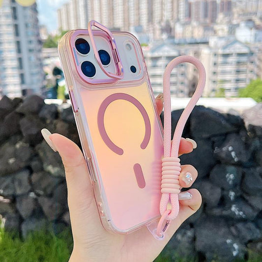 For iPhone 17 Pro Max Gradient Discolor MagSafe Phone Case with Holder / Wrist Strap(Pink) - iPhone 17 Pro Max Cases by buy2fix | Online Shopping UK | buy2fix