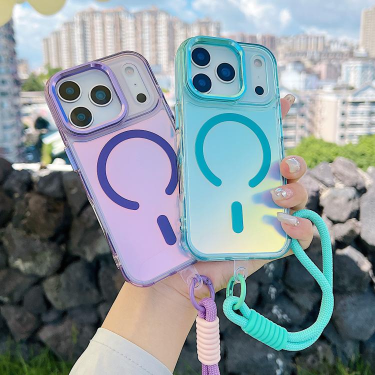 For iPhone 17 Pro Gradient Discolor MagSafe Phone Case with Holder / Wrist Strap(White) - iPhone 17 Pro Cases by buy2fix | Online Shopping UK | buy2fix