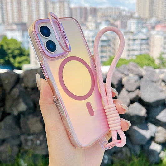For iPhone 17 Gradient Discolor MagSafe Phone Case with Holder / Wrist Strap(Pink) - iPhone 17 Cases by buy2fix | Online Shopping UK | buy2fix