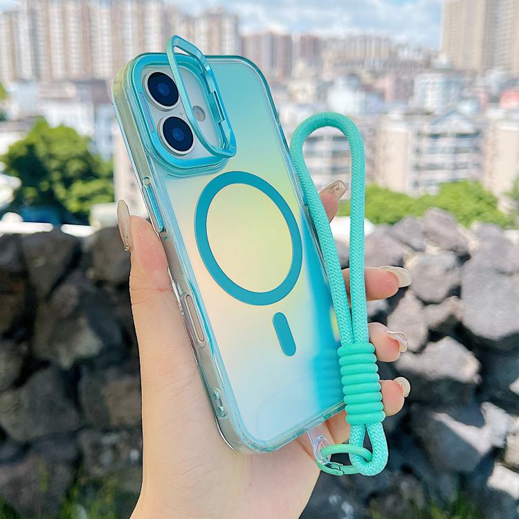 For iPhone 17 Gradient Discolor MagSafe Phone Case with Holder / Wrist Strap(Blue) - iPhone 17 Cases by buy2fix | Online Shopping UK | buy2fix