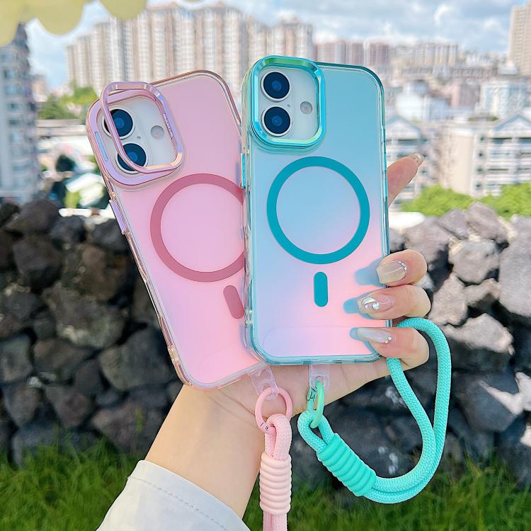 For iPhone 17 Gradient Discolor MagSafe Phone Case with Holder / Wrist Strap(Purple) - iPhone 17 Cases by buy2fix | Online Shopping UK | buy2fix