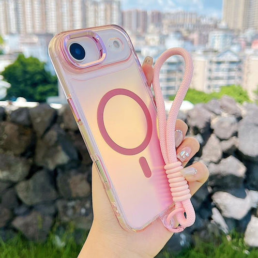 For iPhone Air Gradient Discolor MagSafe Phone Case with Holder / Wrist Strap(Pink) - iPhone Air Cases by buy2fix | Online Shopping UK | buy2fix