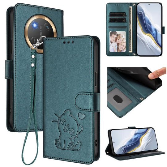 For Honor X9c / X60 Pro / Magic7 Lite Embossed Heart Cat Leather Phone Case with Hand Strap(Dark Green)