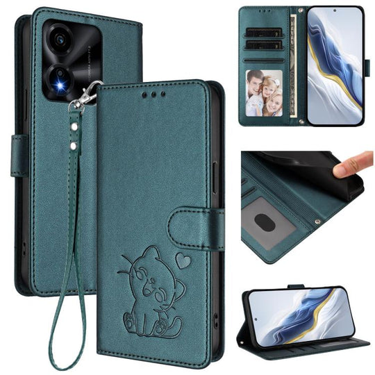 For Honor X5c Plus Embossed Heart Cat Leather Phone Case with Hand Strap(Dark Green)