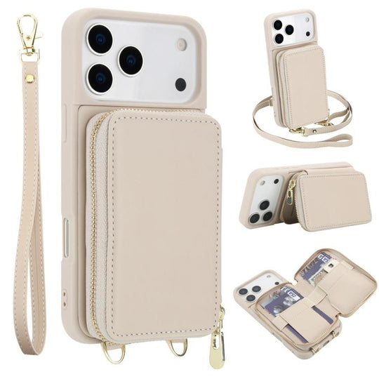 For iPhone 18 Pro Max / 17 Pro Max Crossbody Zipper RFID Card Bag Phone Case(Apricot)