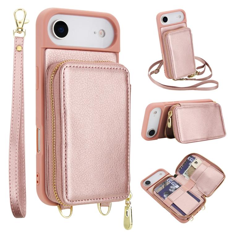 For iPhone Air Crossbody Zipper RFID Card Bag Phone Case(Rose Gold) - iPhone Air Cases by buy2fix | Online Shopping UK | buy2fix