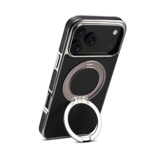 For iPhone 18 Pro / 17 Pro Denior A23 Magnetic Holder Electroplating Genuine Leather Phone Case(Black)