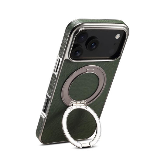 For iPhone 18 Pro / 17 Pro Denior A23 Magnetic Holder Electroplating Genuine Leather Phone Case(Green)