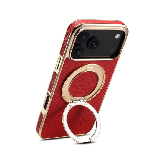 For iPhone 18 Pro / 17 Pro Denior A23 Magnetic Holder Electroplating Genuine Leather Phone Case(Red)