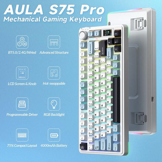 AULA S75 Pro 80 Keys wired/2.4G/Bluetooth Three Model Customizable Gradient Mechanical Keyboard(Side Engraving Pink) - Wireless Keyboard by AULA | Online Shopping UK | buy2fix