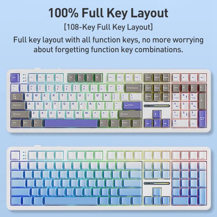AULA F108 108 Keys Wired/2.4G/Bluetooth Three Model Customizable RGB Gaming Mechanical Keyboard(Dark Grey + Light Grey + Yellow Caramel Latte Axis) - Wireless Keyboard by AULA | Online Shopping UK | buy2fix