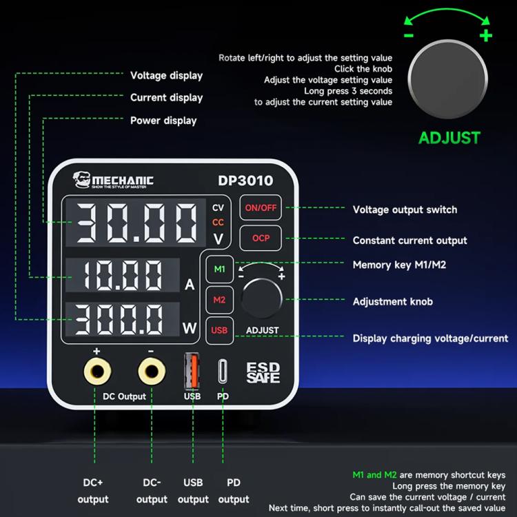 Mechanic DP3010 30V / 10A High Power Wide Voltage Mini Multi-functional Power Supply, Plug:EU Plug - Power Supply by MECHANIC | Online Shopping UK | buy2fix