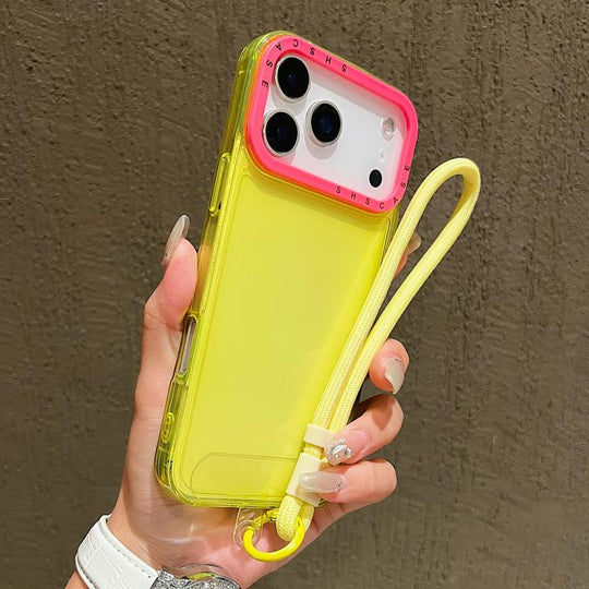 For iPhone 18 Pro Max / 17 Pro Max Color Contrast Lens Frame Transparent TPU Phone Case with Lanyard(Yellow+Rose Red)