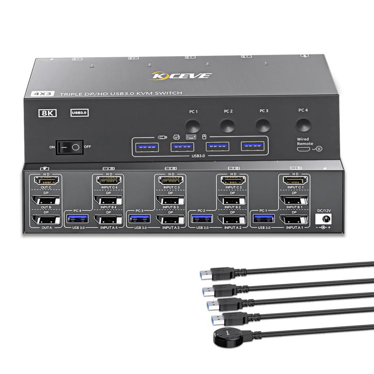KCEVE KC-KVM403DH 4 IN 1 OUT DP/HD USB 3.0 4K 144Hz KVM Switch, Plug Type:EU Plug - Switch by buy2fix | Online Shopping UK | buy2fix