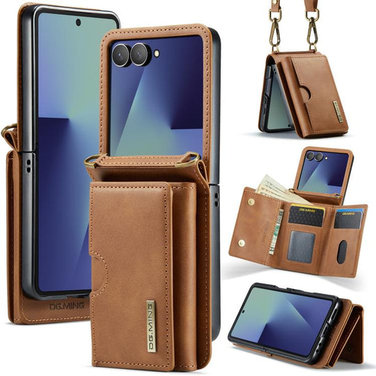 For Samsung Galaxy Z Flip7 5G DG.MING M6 Series RFID Tri-fold Card Bag Removable Leather Phone Case with Long Lanyard(Brown)