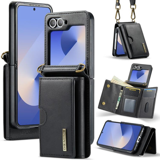 For Samsung Galaxy Z Flip7 FE / Flip6 DG.MING M6 Series RFID Tri-fold Card Bag Removable Leather Phone Case with Long Lanyard(Black)