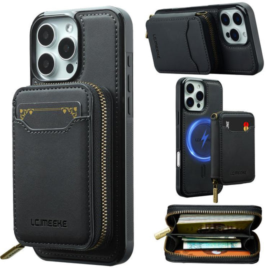 For iPhone 16 Pro Max LC.IMEEKE L6 Series Zipper Card Bag MagSafe Magnetic Phone Case(Black)