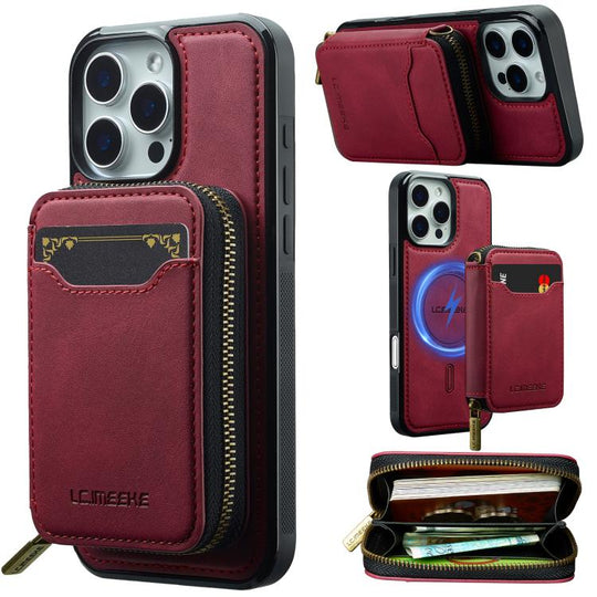 For iPhone 16 Pro Max LC.IMEEKE L6 Series Zipper Card Bag MagSafe Magnetic Phone Case(Red)