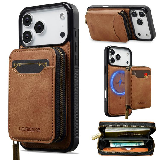 For iPhone 18 Pro Max / 17 Pro Max LC.IMEEKE L6 Series Zipper Card Bag MagSafe Magnetic Phone Case(Brown)