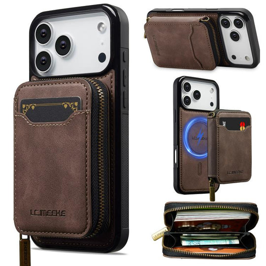 For iPhone 18 Pro Max / 17 Pro Max LC.IMEEKE L6 Series Zipper Card Bag MagSafe Magnetic Phone Case(Coffee)