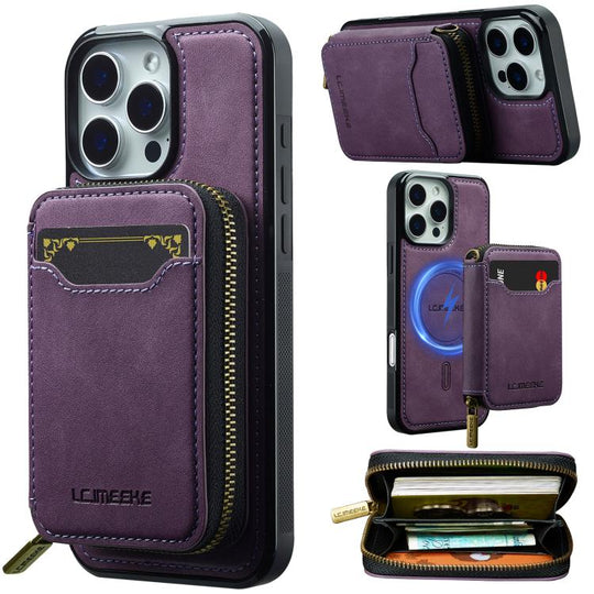 For iPhone 15 Pro Max LC.IMEEKE L6 Series Zipper Card Bag MagSafe Magnetic Phone Case(Purple)