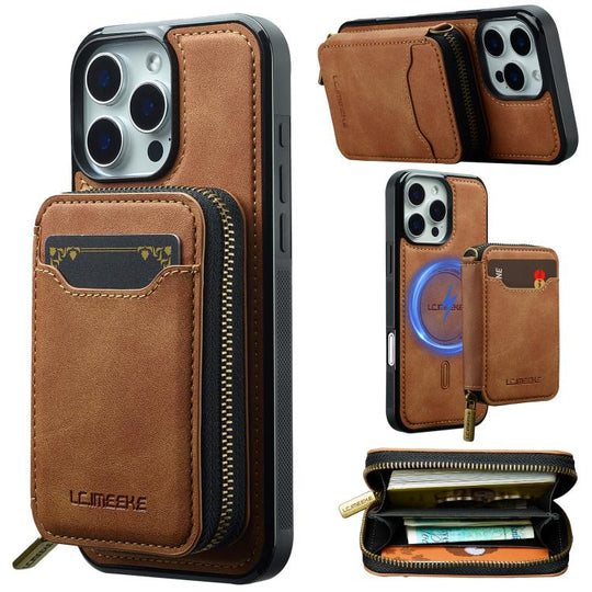 For iPhone 15 Pro Max LC.IMEEKE L6 Series Zipper Card Bag MagSafe Magnetic Phone Case(Brown)