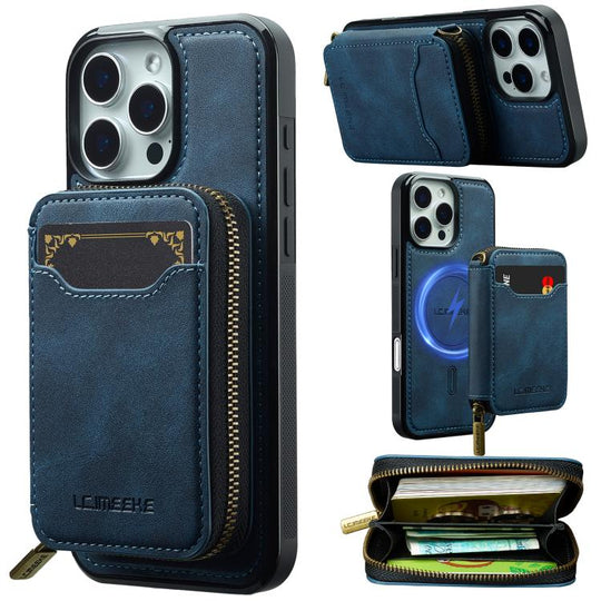 For iPhone 15 Pro Max LC.IMEEKE L6 Series Zipper Card Bag MagSafe Magnetic Phone Case(Blue)