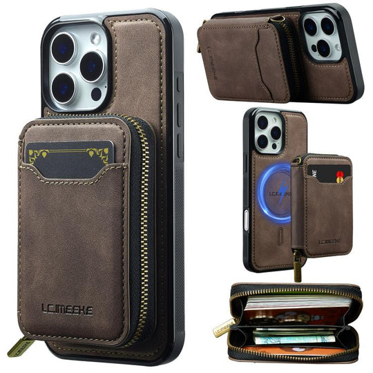 For iPhone 15 Pro Max LC.IMEEKE L6 Series Zipper Card Bag MagSafe Magnetic Phone Case(Coffee)