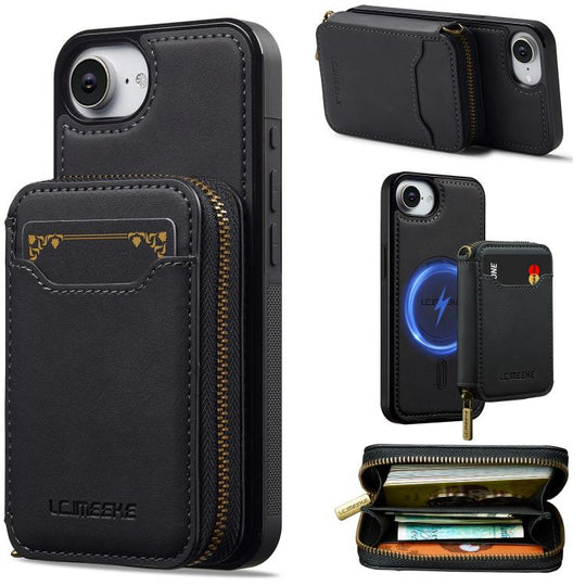For iPhone 17e / 16e LC.IMEEKE L6 Series Zipper Card Bag MagSafe Magnetic Phone Case(Black)