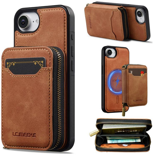 For iPhone 17e / 16e LC.IMEEKE L6 Series Zipper Card Bag MagSafe Magnetic Phone Case(Brown)