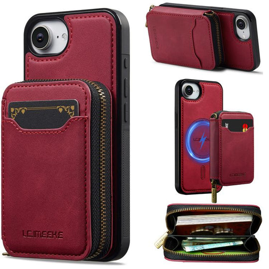 For iPhone 17e / 16e LC.IMEEKE L6 Series Zipper Card Bag MagSafe Magnetic Phone Case(Red)