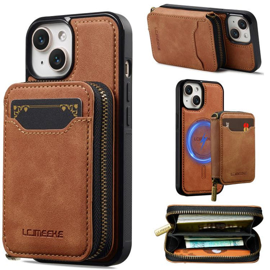 For iPhone 14 LC.IMEEKE L6 Series Zipper Card Bag MagSafe Magnetic Phone Case(Brown)