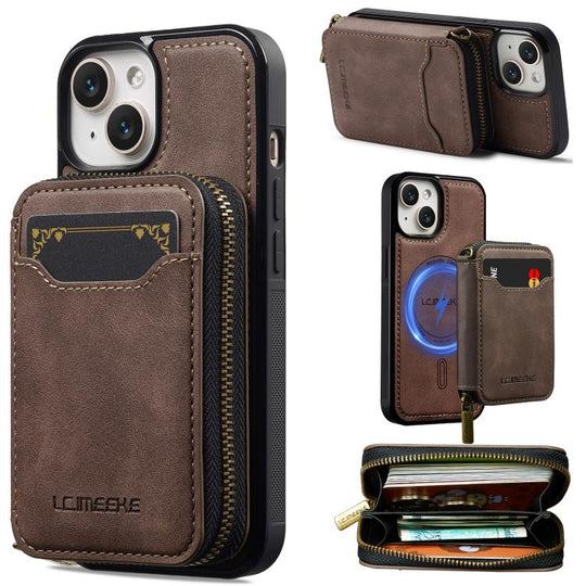 For iPhone 14 LC.IMEEKE L6 Series Zipper Card Bag MagSafe Magnetic Phone Case(Coffee)