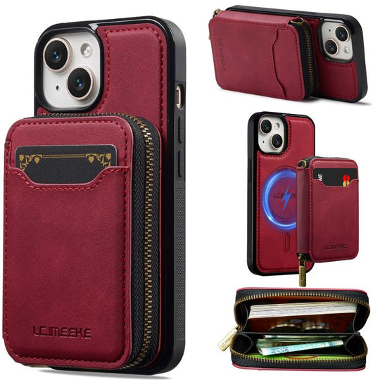 For iPhone 13 LC.IMEEKE L6 Series Zipper Card Bag MagSafe Magnetic Phone Case(Red)