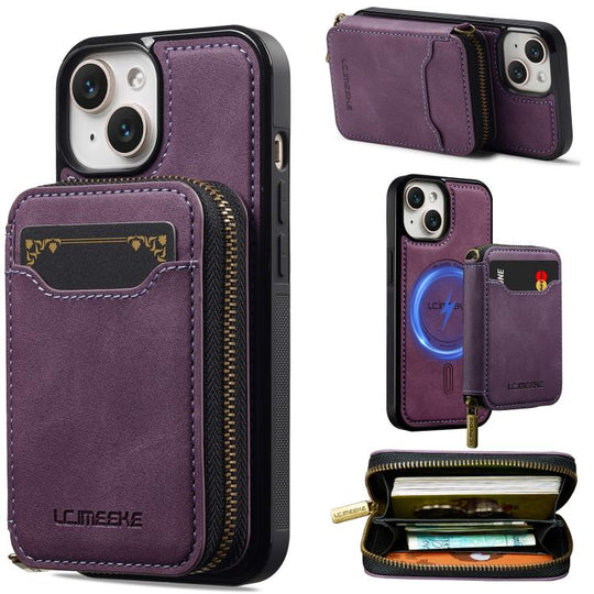 For iPhone 12 mini LC.IMEEKE L6 Series Zipper Card Bag MagSafe Magnetic Phone Case(Purple)